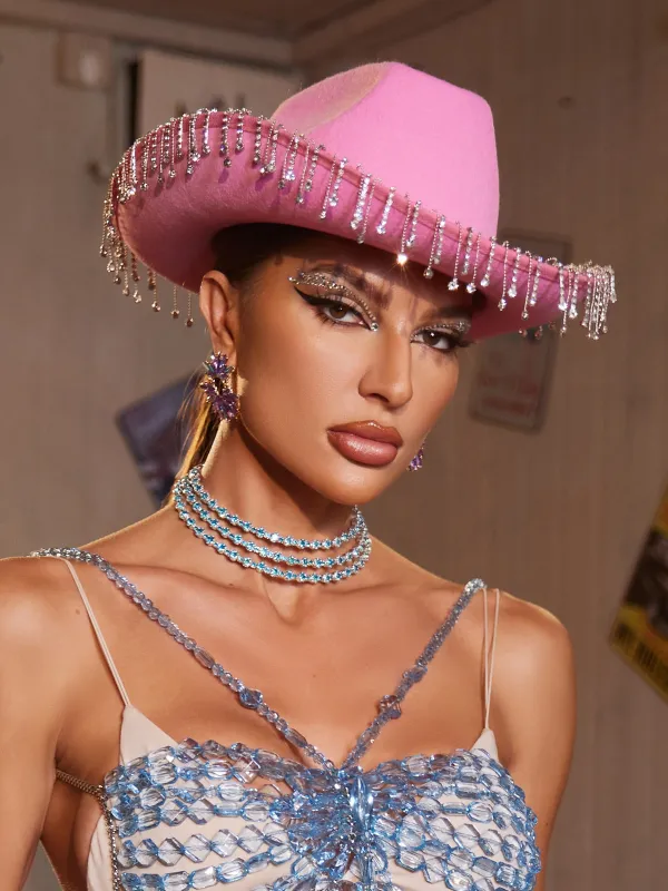 Lyrviel Rhinestone Fringe Cowboy Hat sold by Mew Mews