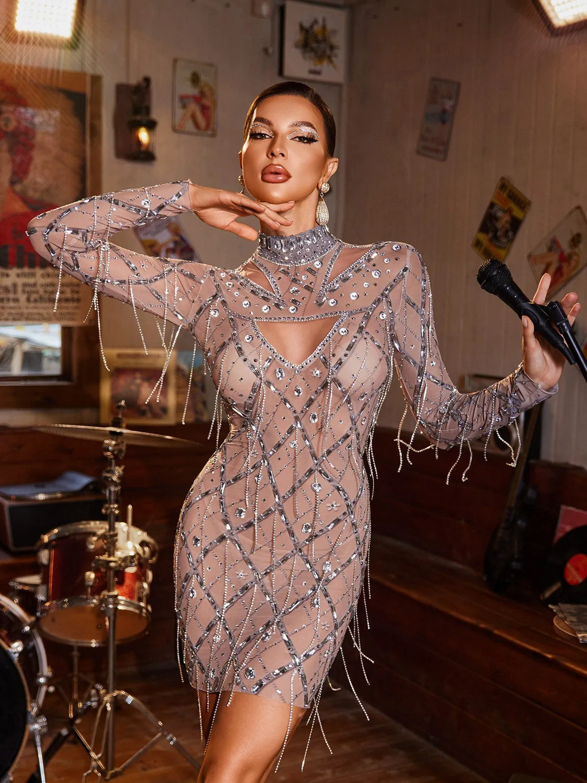 Lyrix Crystal Fringe Mesh Mini Dress sold by Mew Mews