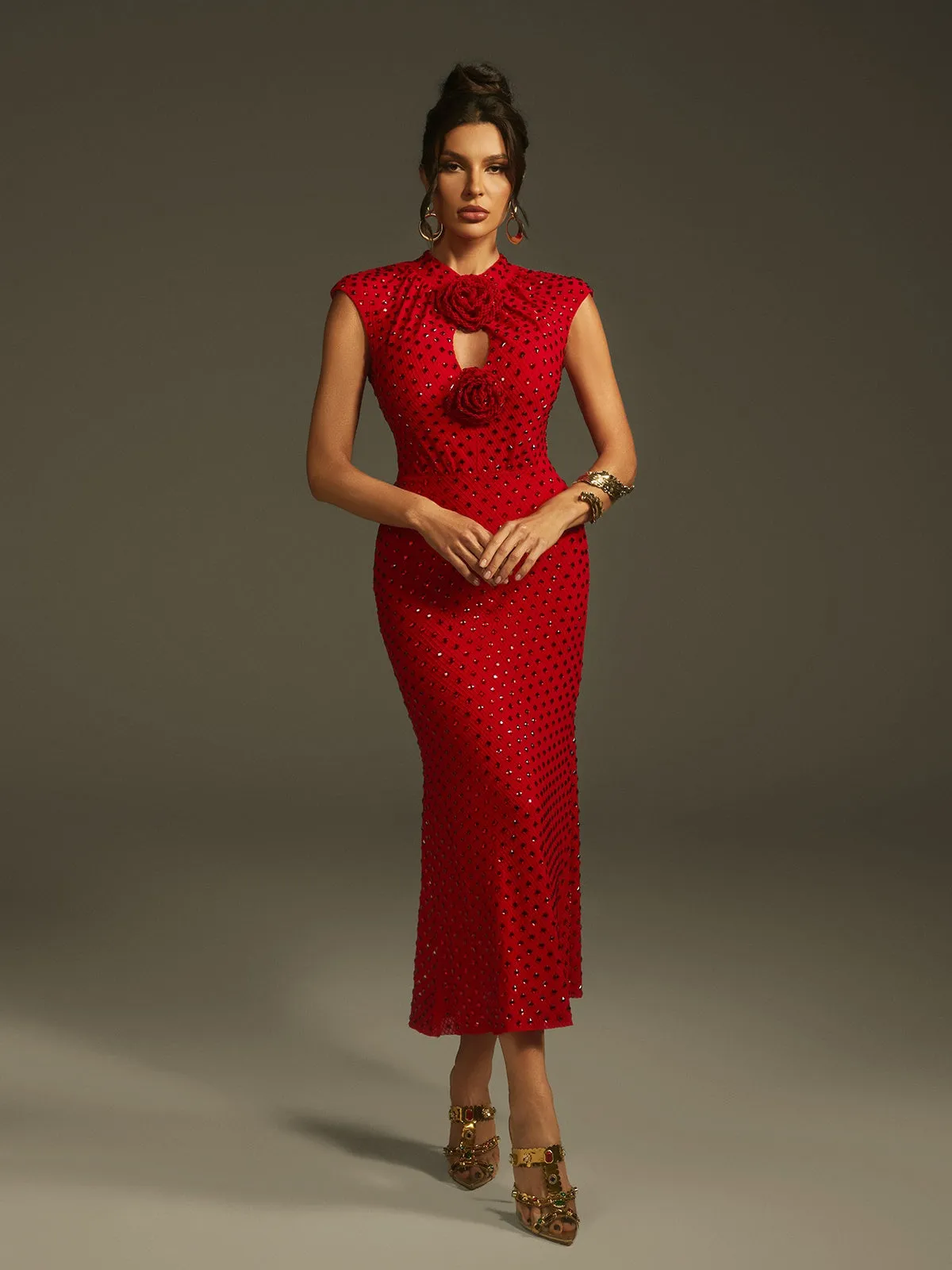 Lanesia Sleeveless Flower Rhinestone Midi Dress sold by Mew Mews product image thumbnail 4