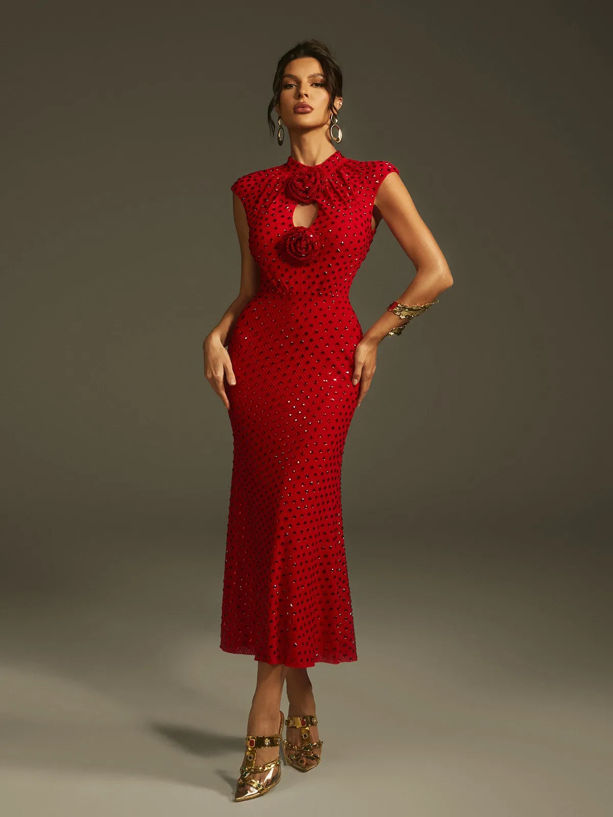 Lanesia Sleeveless Flower Rhinestone Midi Dress sold by Mew Mews