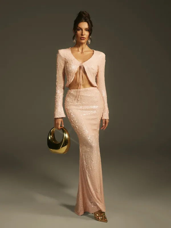 Laraib Sequin Skirt Set In Apricot sold by Mew Mews