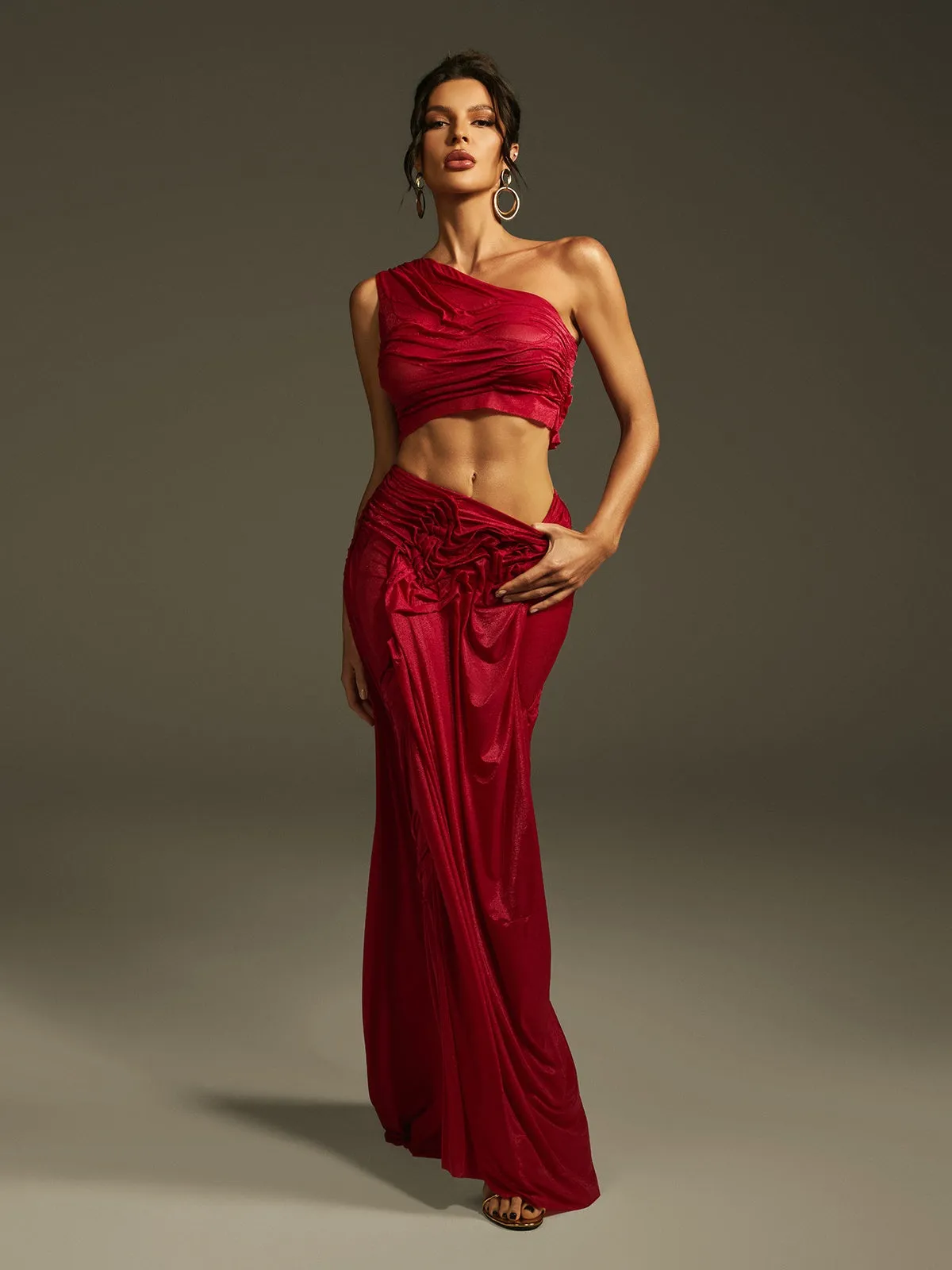 Akiye One Shoulder Ruched Skirt Set In Wine sold by Mew Mews