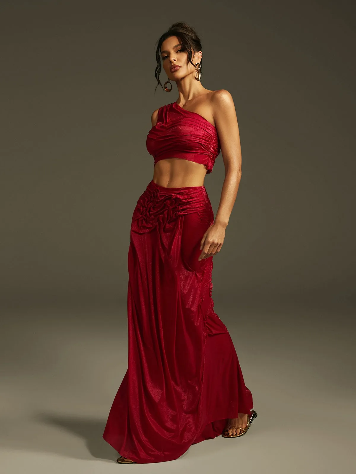 Akiye One Shoulder Ruched Skirt Set In Wine sold by Mew Mews product image thumbnail 5