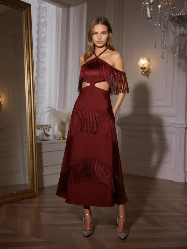 Izumi Fringe Bandage Maxi Dress In Maroon sold by Mew Mews