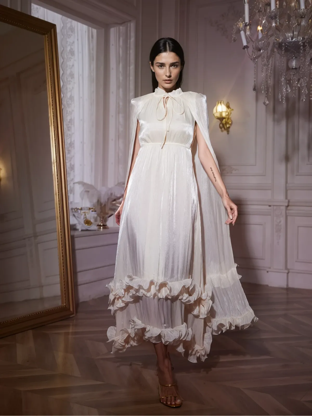 Itziar Shawl Ruffle Maxi Dress In Apricot sold by Mew Mews