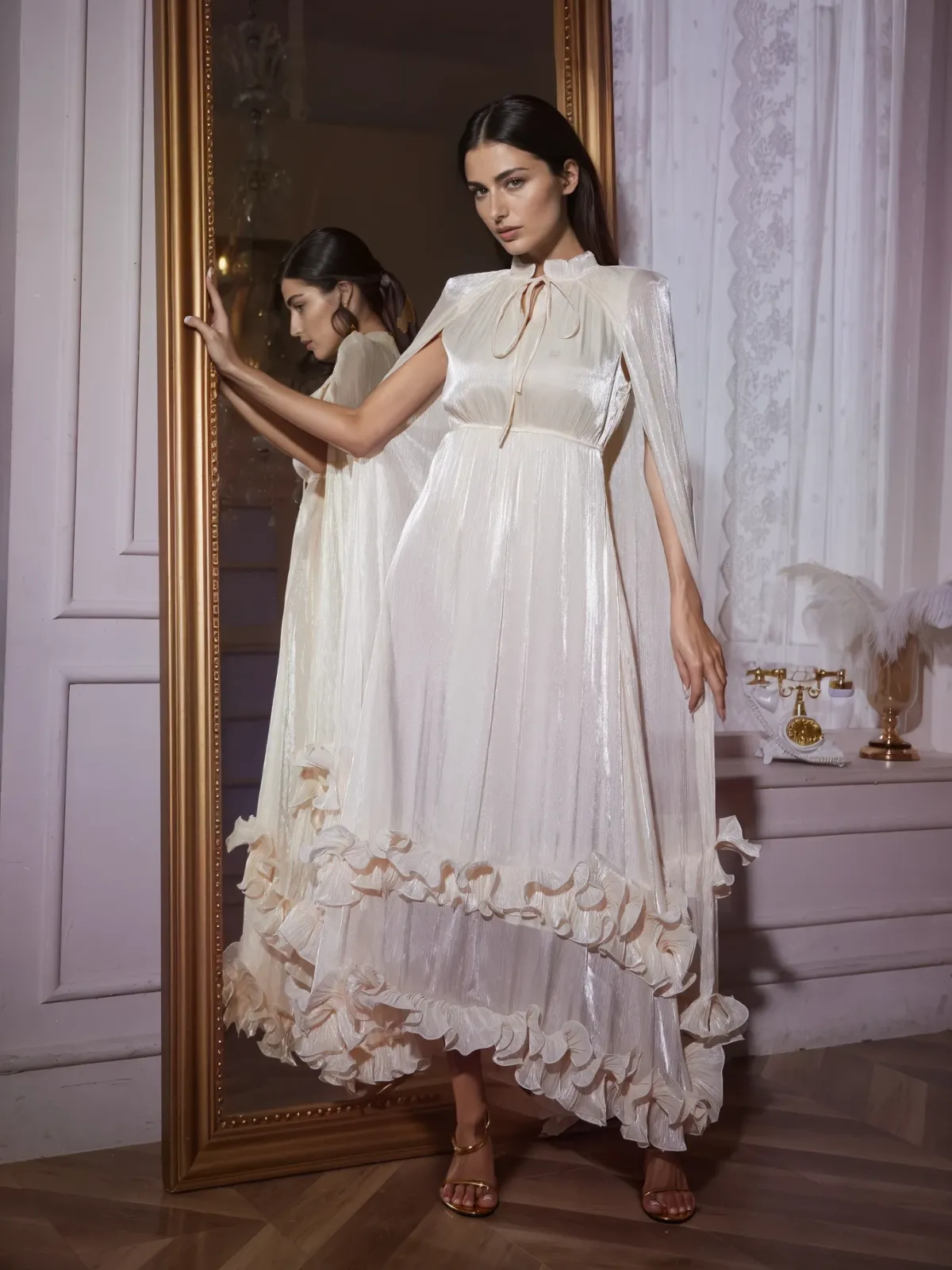 Itziar Shawl Ruffle Maxi Dress In Apricot sold by Mew Mews product image thumbnail 4