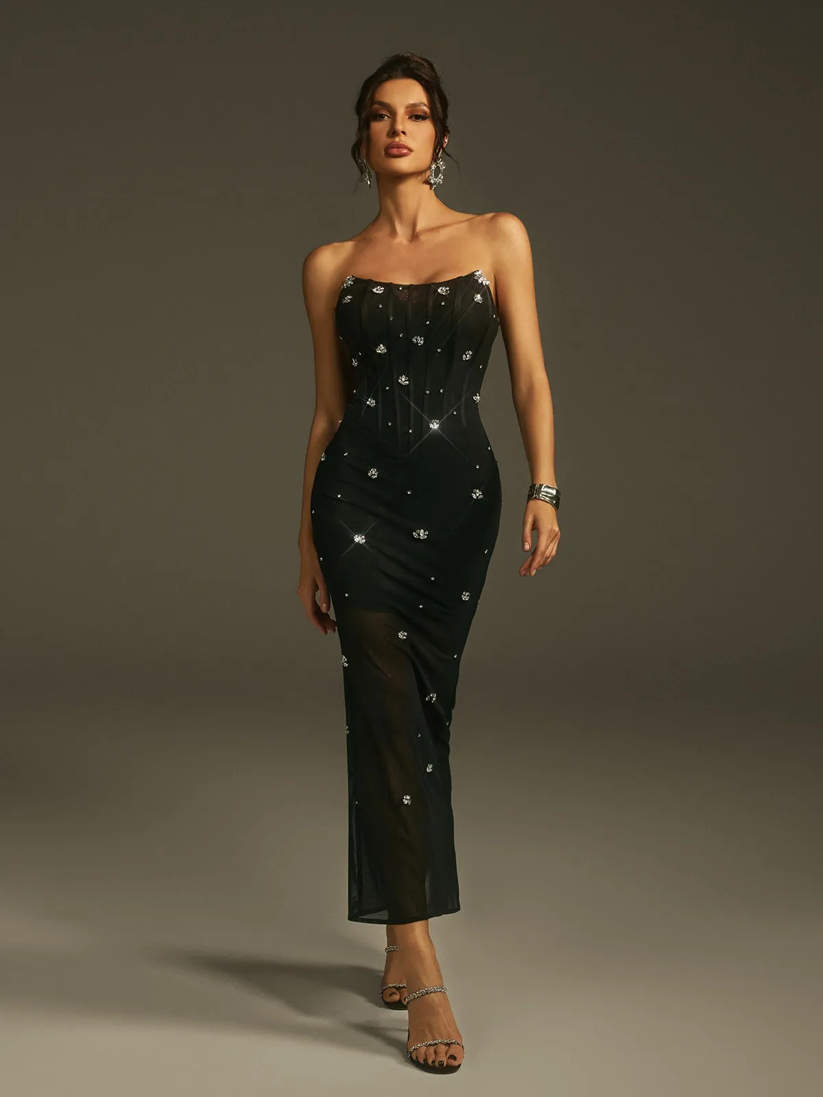 Lenny Strapless Rhinestone Mesh Midi Dress With Gloves sold by Mew Mews