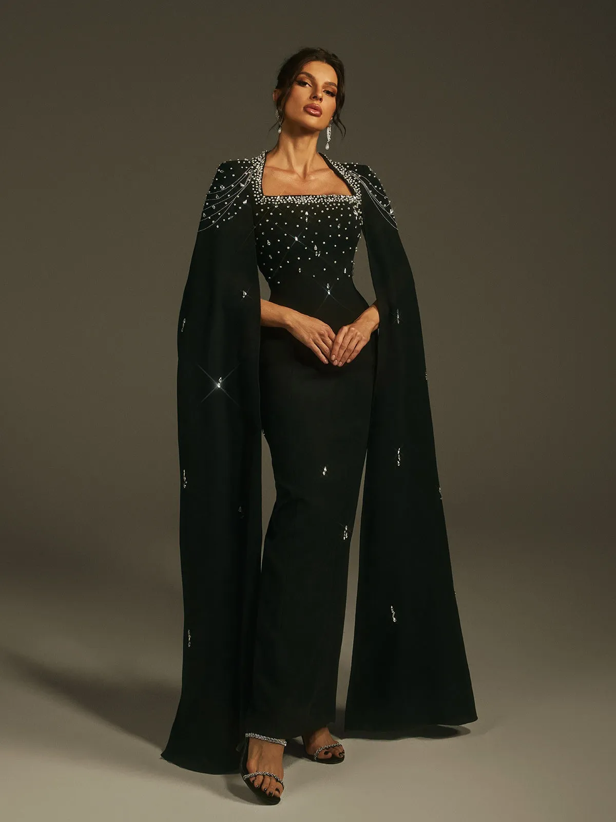 Leola Cape Sleeve Rhinestone Maxi Dress sold by Mew Mews product image thumbnail 2