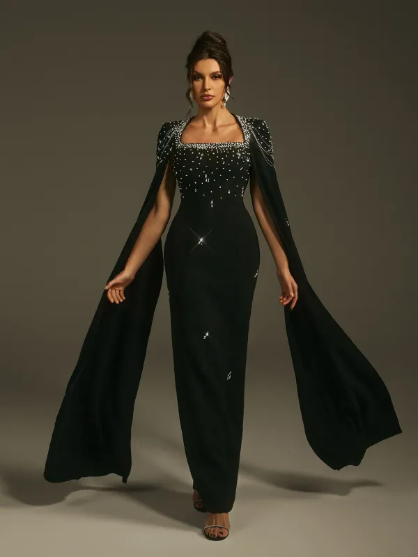 Leola Cape Sleeve Rhinestone Maxi Dress sold by Mew Mews