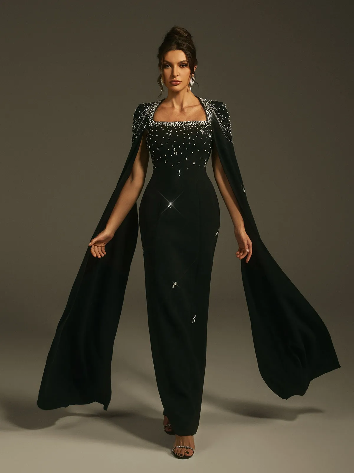 Leola Cape Sleeve Rhinestone Maxi Dress sold by Mew Mews