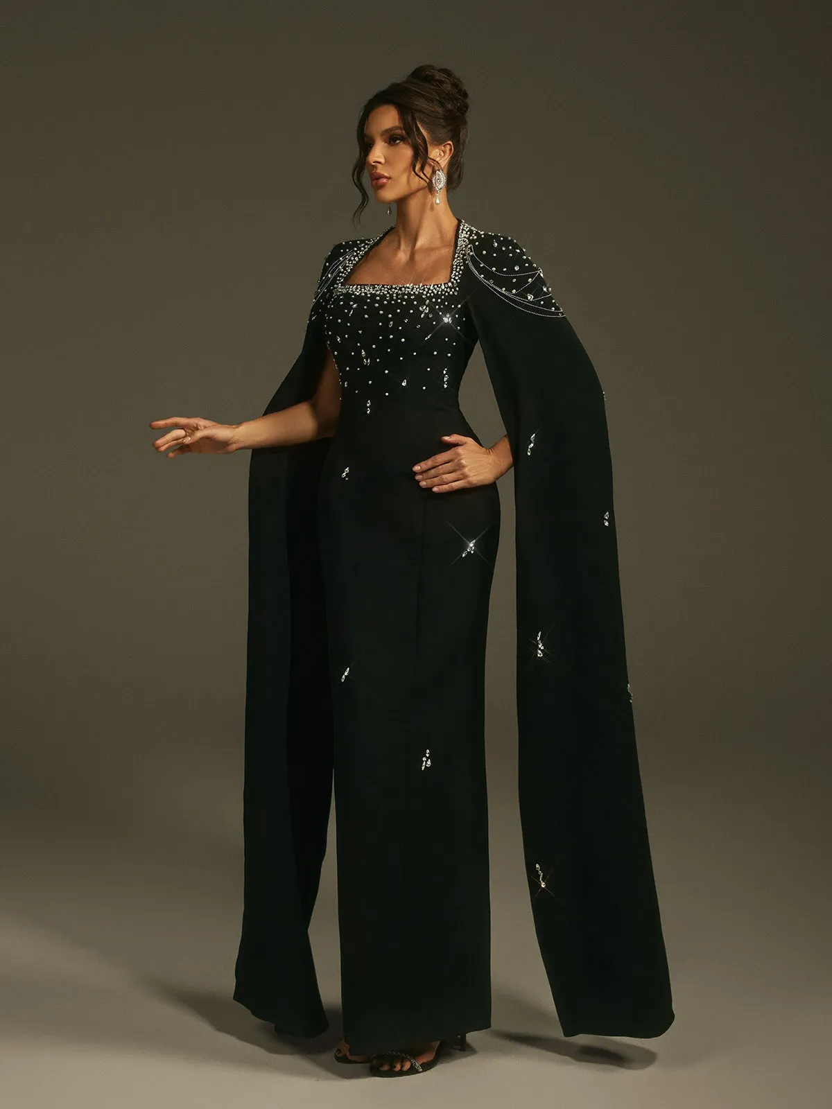 Leola Cape Sleeve Rhinestone Maxi Dress sold by Mew Mews product image thumbnail 4