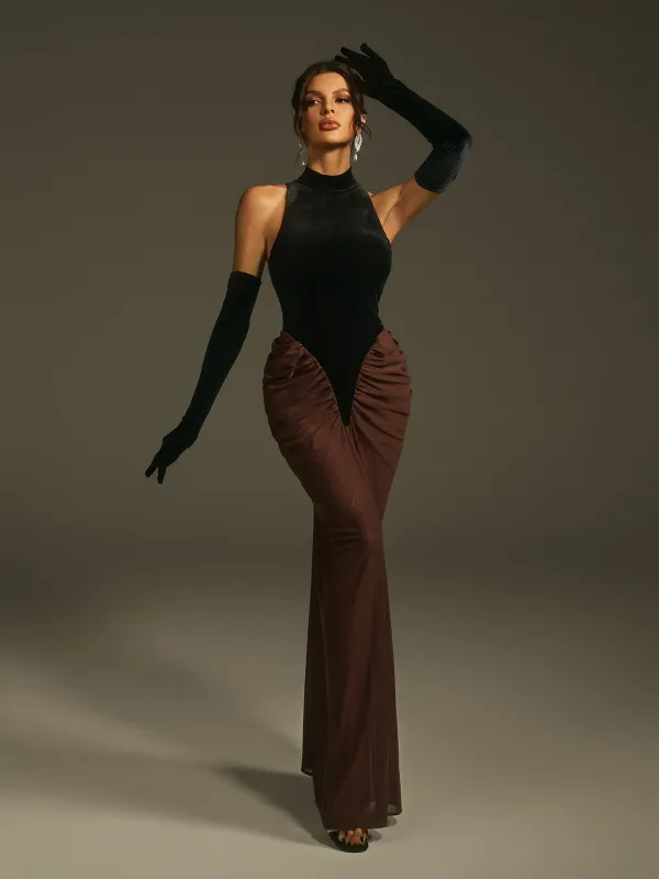 Lenore Halterneck Velvet Maxi Dress With Gloves sold by Mew Mews