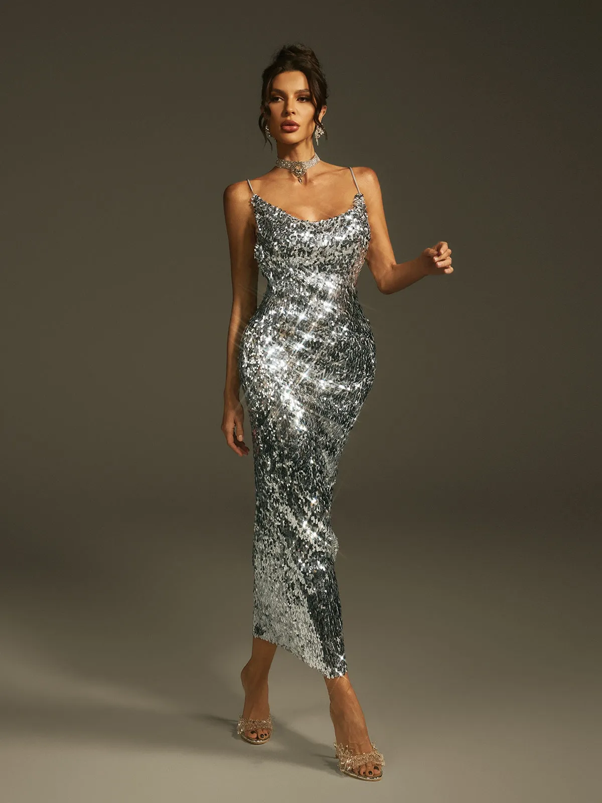 Laurie Spaghetti Sequin Midi Dress In Silver sold by Mew Mews product image thumbnail 5