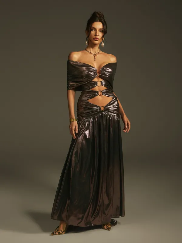 Larson Off Sleeve Cutout Metallic Maxi Dress sold by Mew Mews