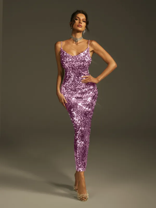 Laurie Spaghetti Sequin Midi Dress In Purple sold by Mew Mews