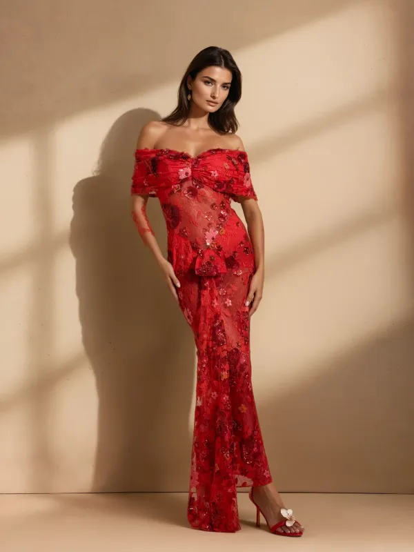 Qaelyara Off Shoulder Floral Sequin Maxi Dress sold by Mew Mews