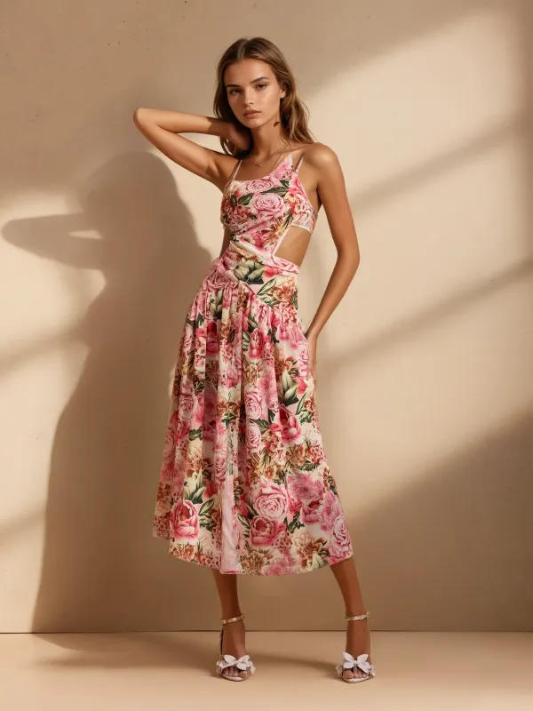 Qexis Floral Printed Cutout Midi Dress sold by Mew Mews