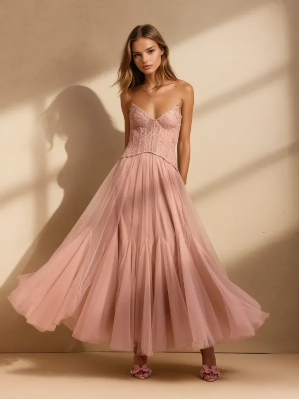 Qexara Strapless Lace Mesh Maxi Dress sold by Mew Mews