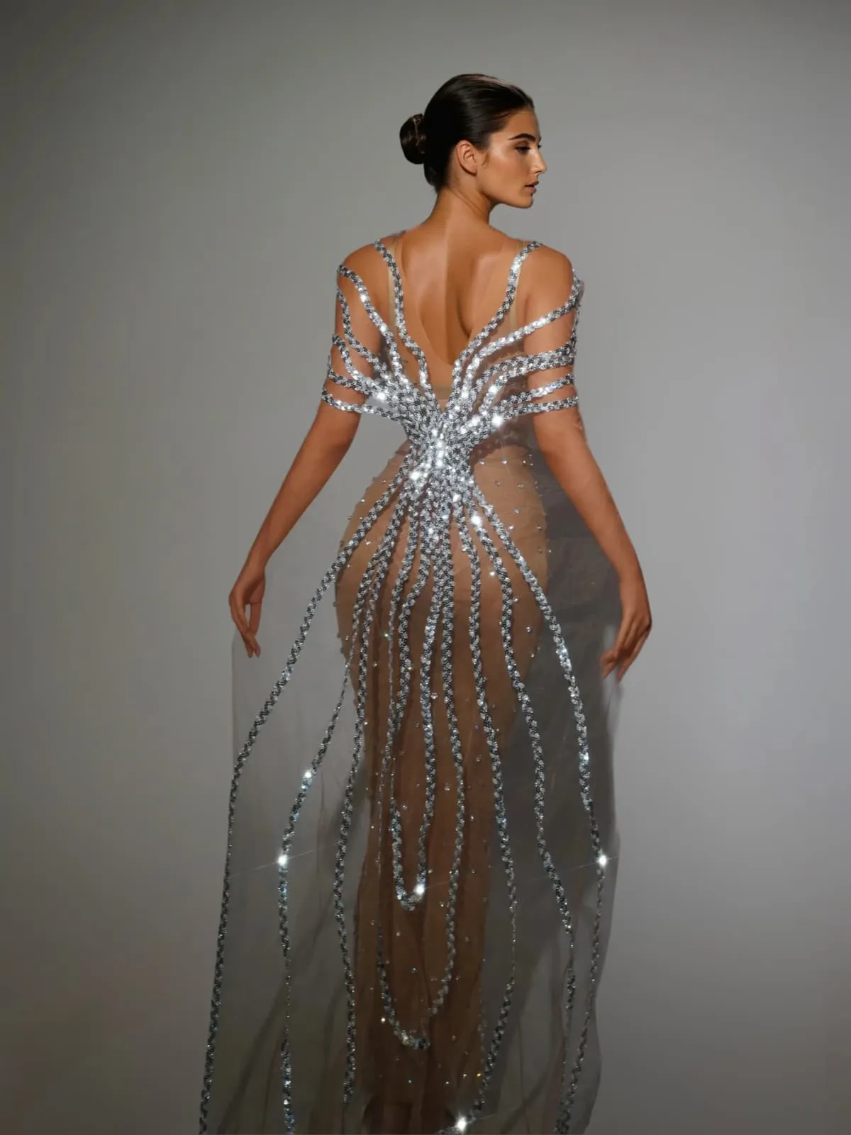 Saelyra Shawl Sequin Mesh Maxi Dress In Silver sold by Mew Mews product image thumbnail 2