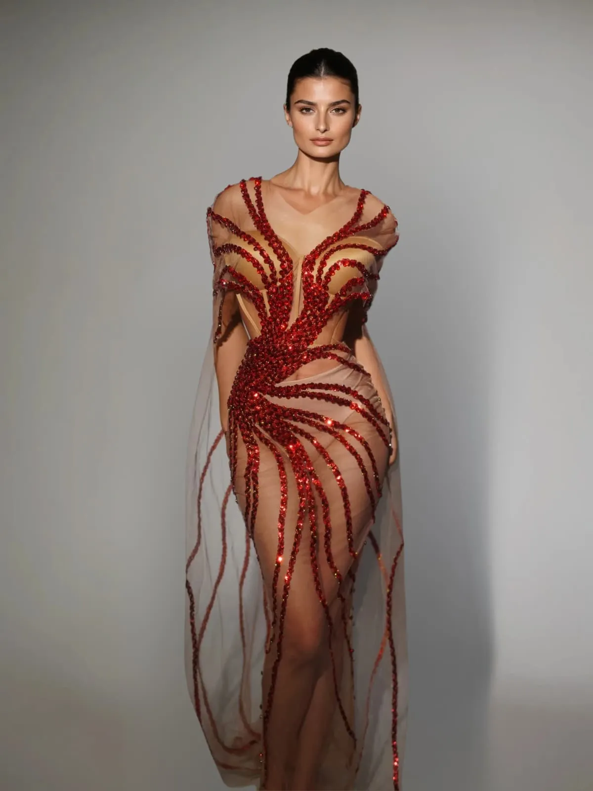 Saelyra Shawl Sequin Mesh Maxi Dress In Red sold by Mew Mews