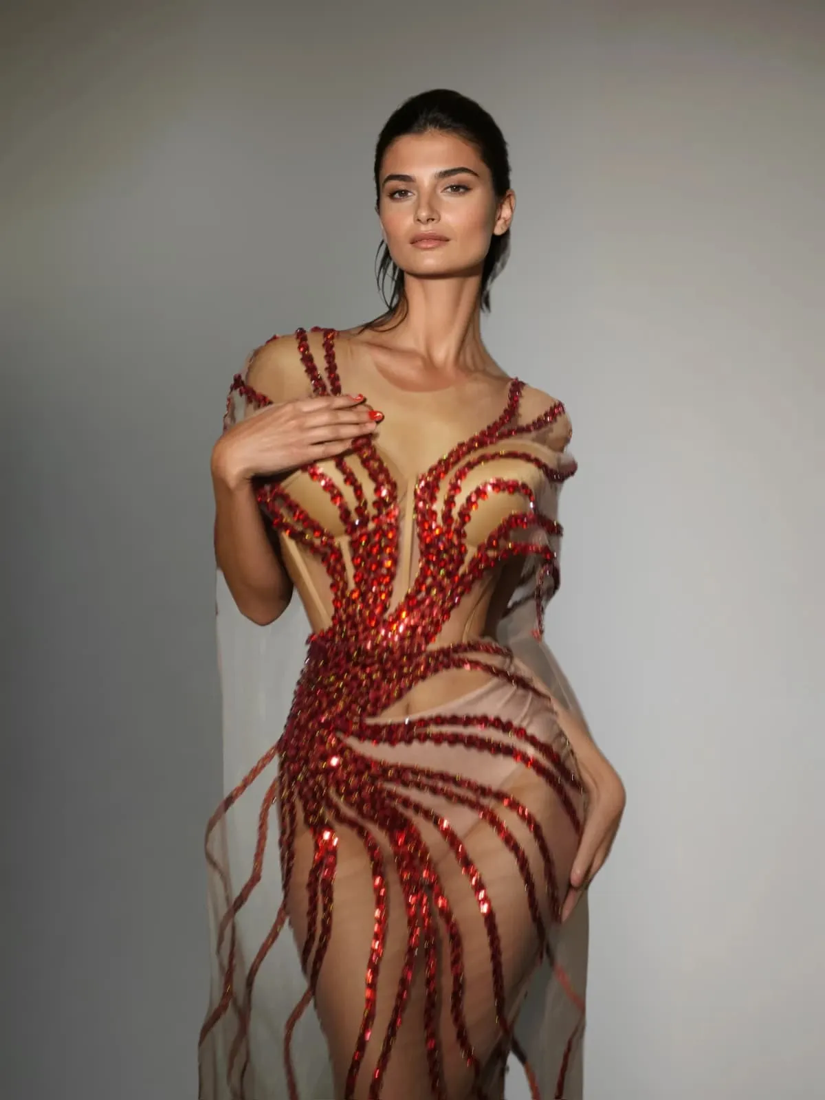 Saelyra Shawl Sequin Mesh Maxi Dress In Red sold by Mew Mews product image thumbnail 2