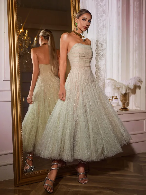 Nakia Strapless Ruched Mesh Midi Dress In Green sold by Mew Mews