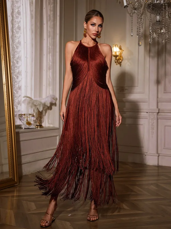 Izumi Halterneck Fringe Bandage Maxi Dress sold by Mew Mews