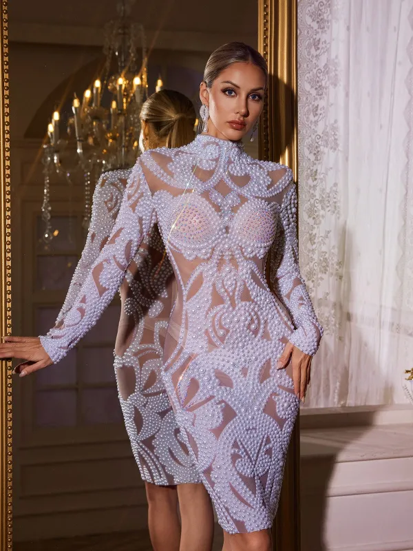 Taeltrix Long Sleeve Pearl Mesh Mini Dress sold by Mew Mews