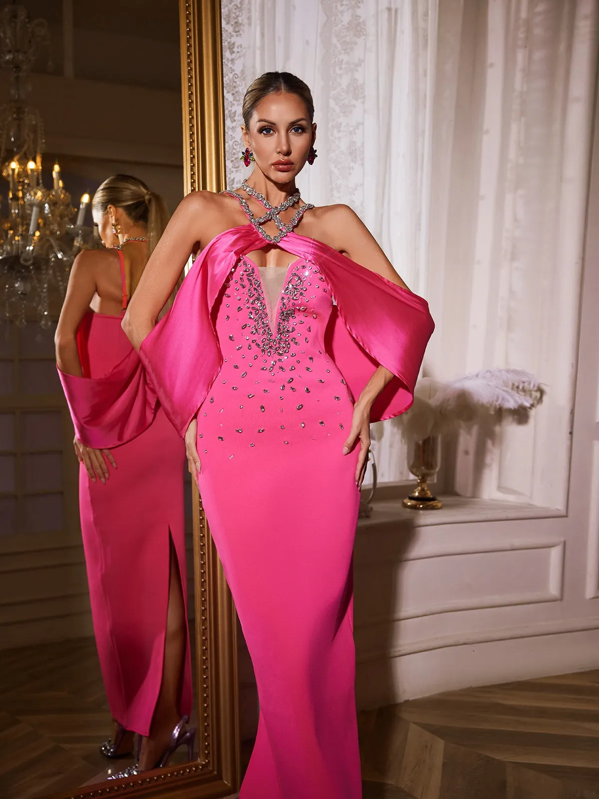 Uaelyth Halterneck Rhinestone Bandage Maxi Dress In Pink sold by Mew Mews product image thumbnail 3
