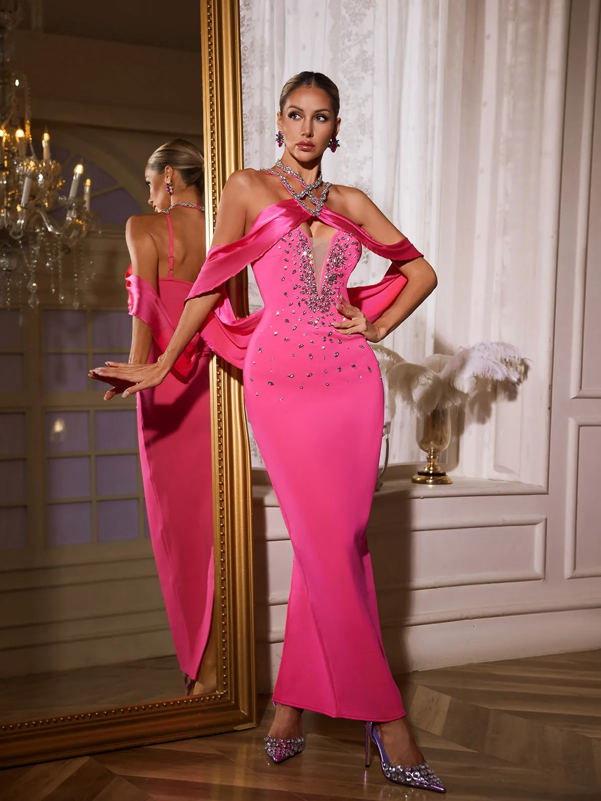 Uaelyth Halterneck Rhinestone Bandage Maxi Dress In Pink sold by Mew Mews product image thumbnail 5