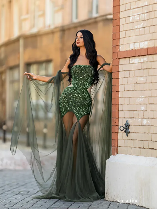 Daelis Off Shoulder Rhinestone Mesh Maxi Dress sold by Mew Mews