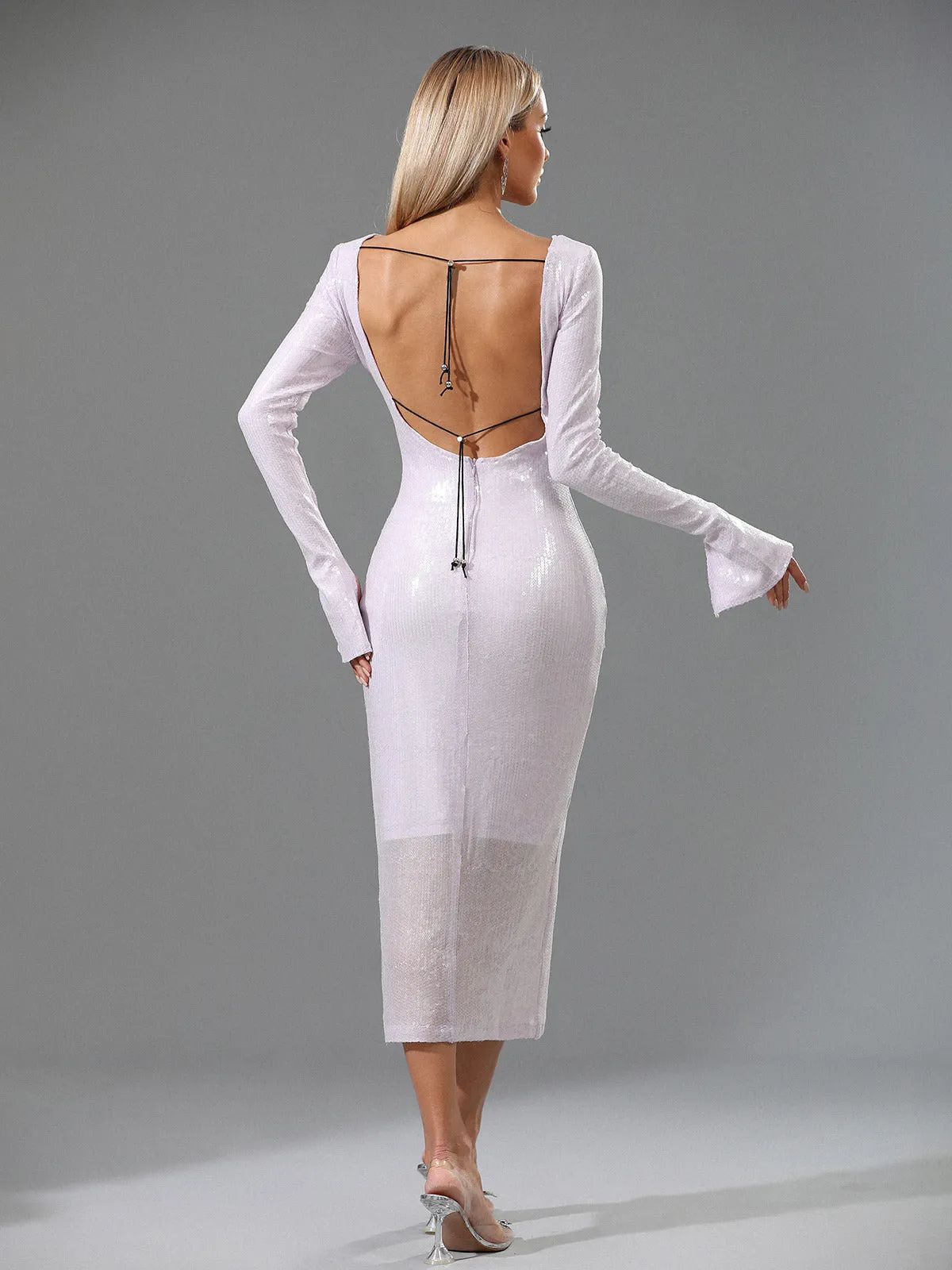 Sian Long Sleeve Sequin Backless Midi Dress In Lilac sold by Mew Mews product image thumbnail 2