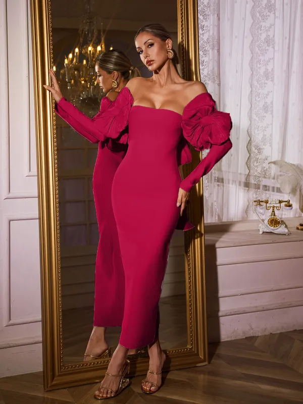 Naida Off Shoulder Flower Bandage Midi Dress In Hot Pink sold by Mew Mews