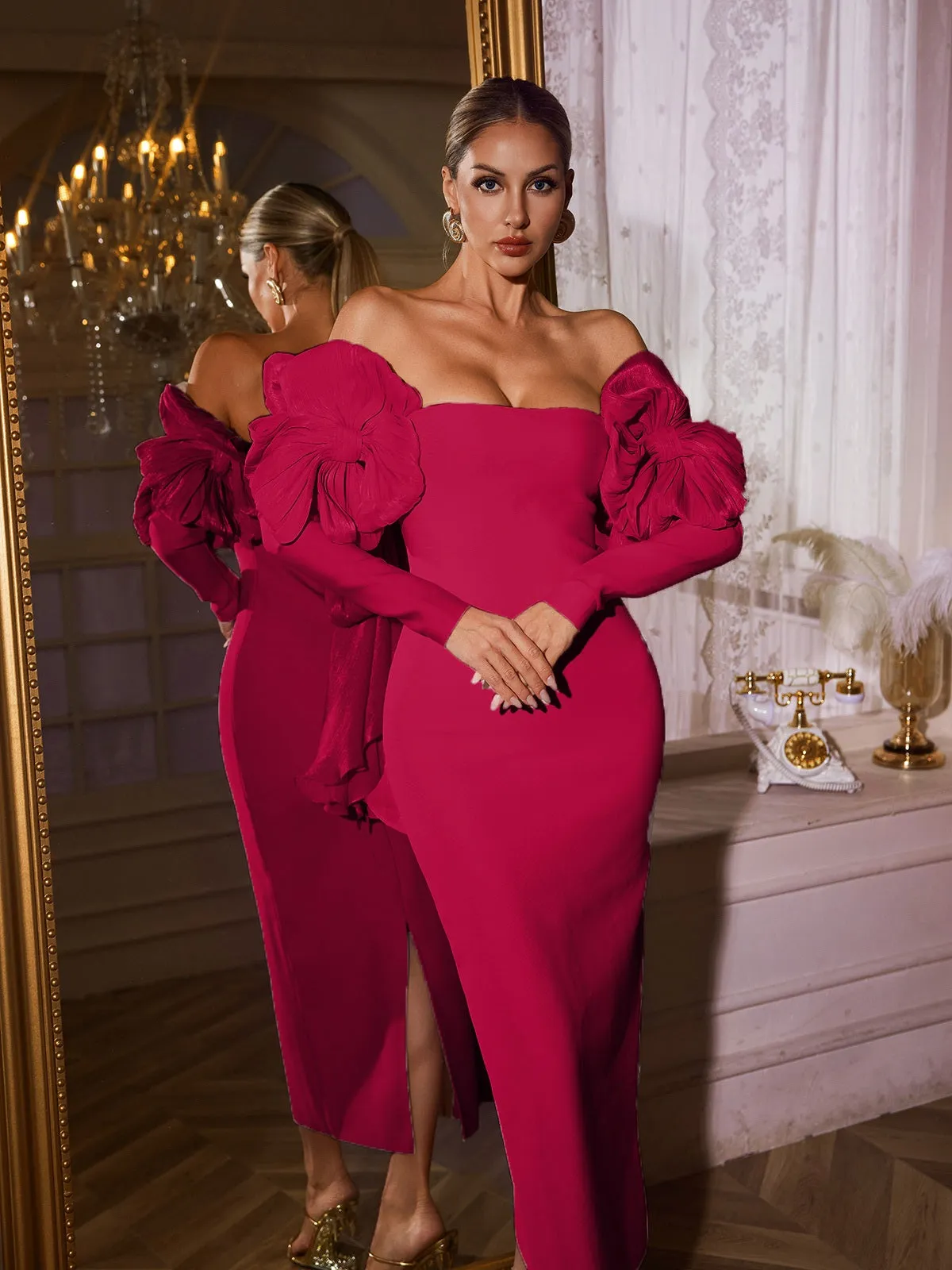 Naida Off Shoulder Flower Bandage Midi Dress In Hot Pink sold by Mew Mews product image thumbnail 5