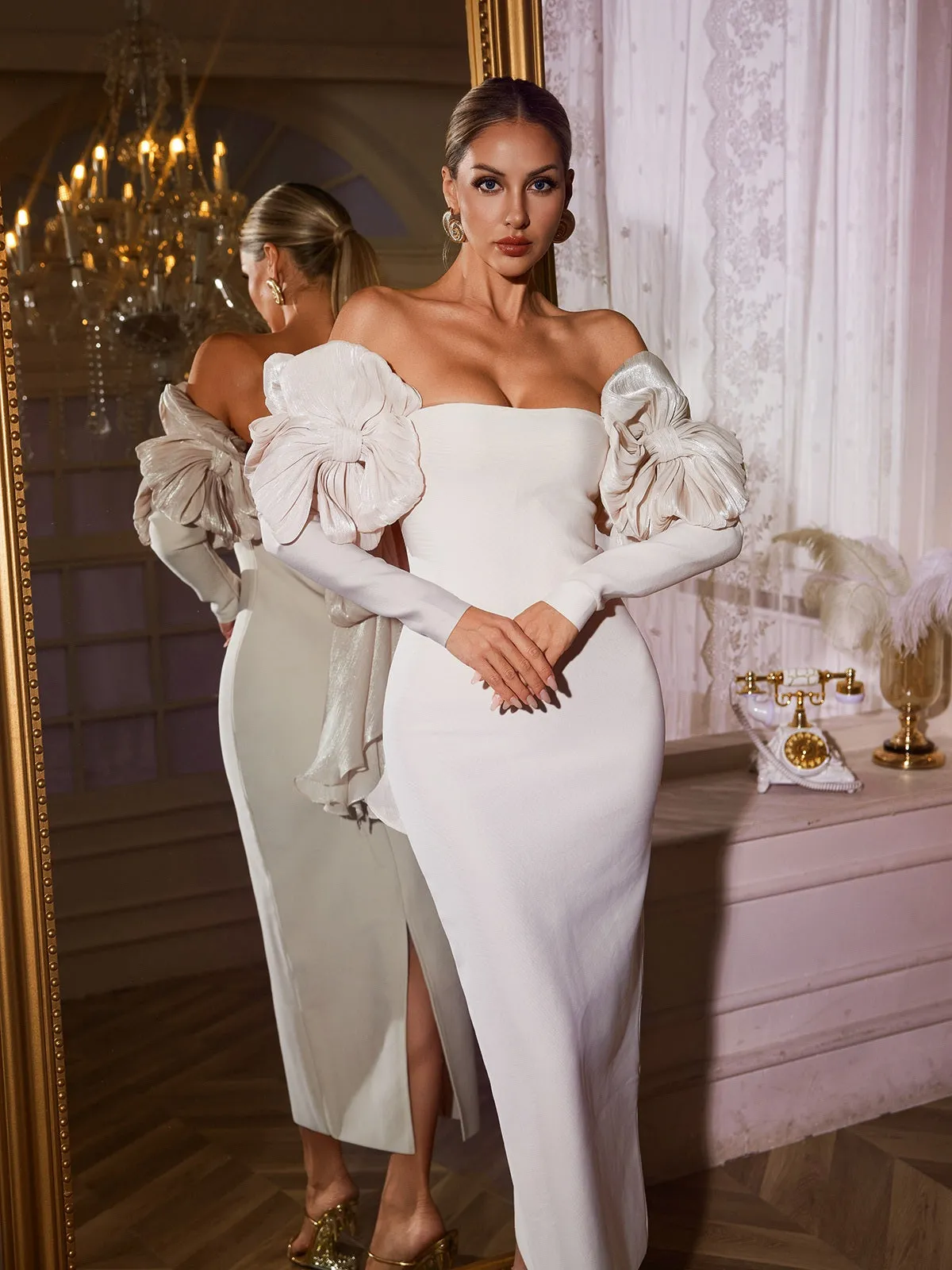 Naida Off Shoulder Flower Bandage Midi Dress In White sold by Mew Mews product image thumbnail 5