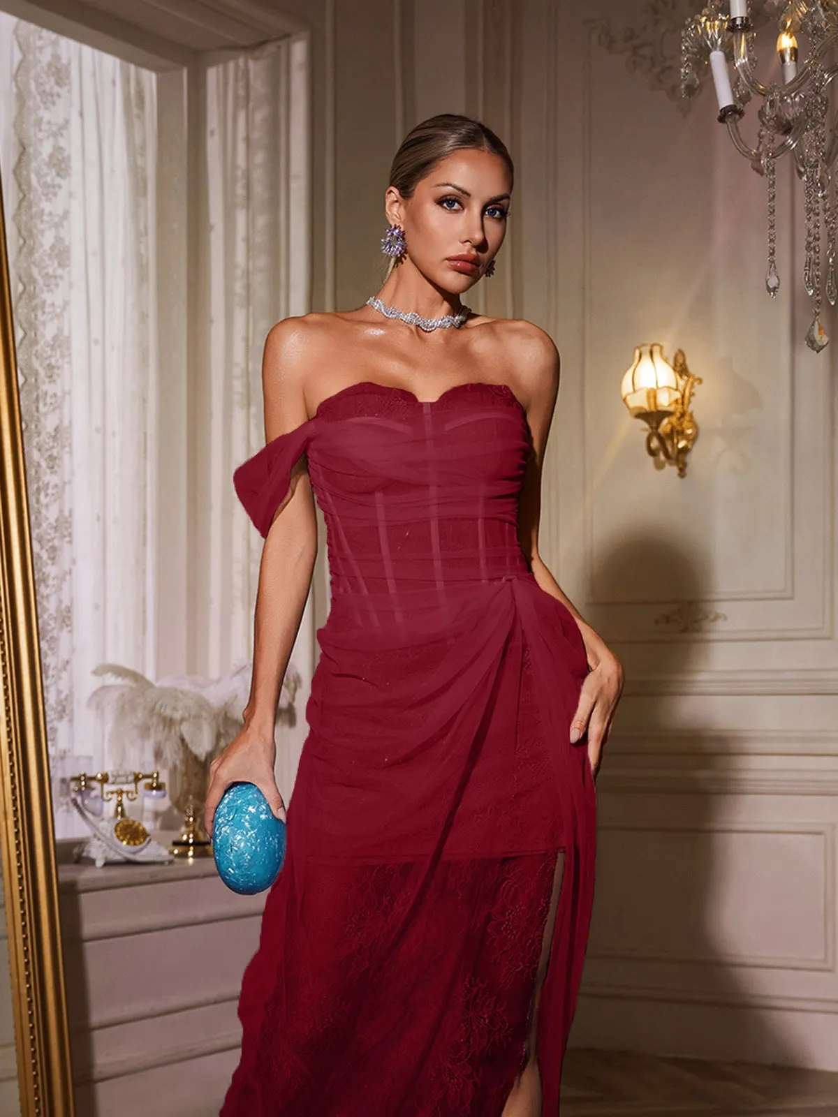 Nachla One Shoulder Lace Split Midi Dress In Wine sold by Mew Mews product image thumbnail 4