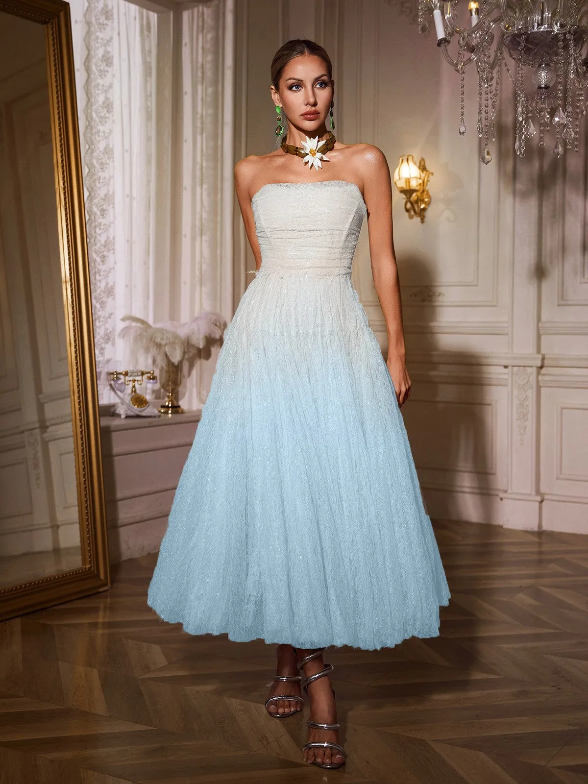 Nakia Strapless Ruched Mesh Midi Dress In Blue sold by Mew Mews product image thumbnail 3