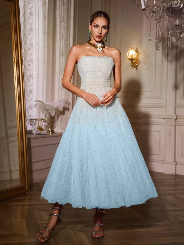 Nakia Strapless Ruched Mesh Midi Dress In Blue sold by Mew Mews