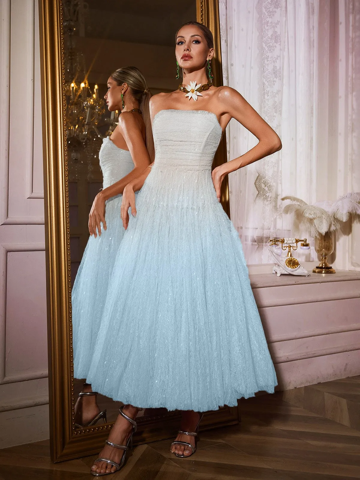 Nakia Strapless Ruched Mesh Midi Dress In Blue sold by Mew Mews product image thumbnail 2