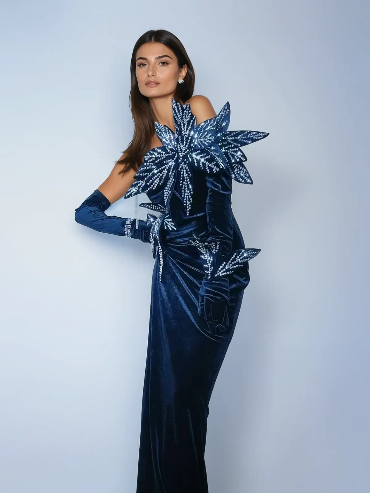 Zalvia Strapless Leaf Split Velvet Maxi Dress sold by Mew Mews product image thumbnail 3