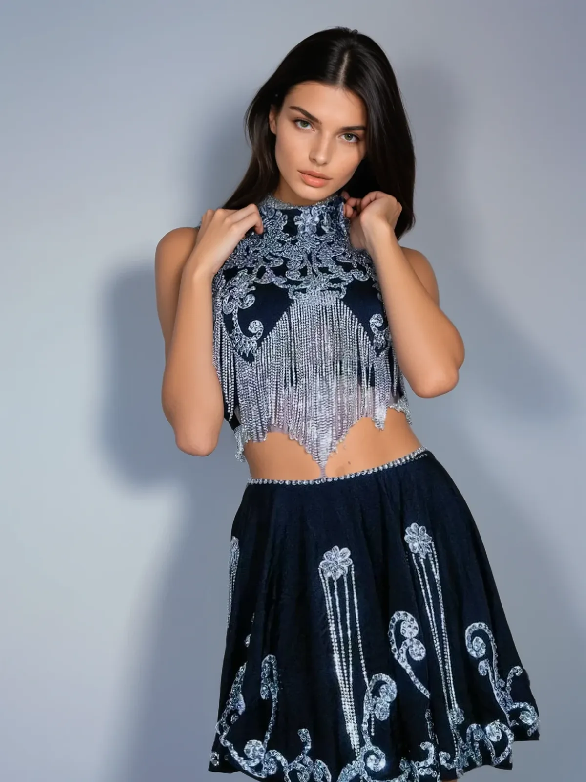 Vespha High Neck Rhinestone Skirt Set sold by Mew Mews product image thumbnail 2