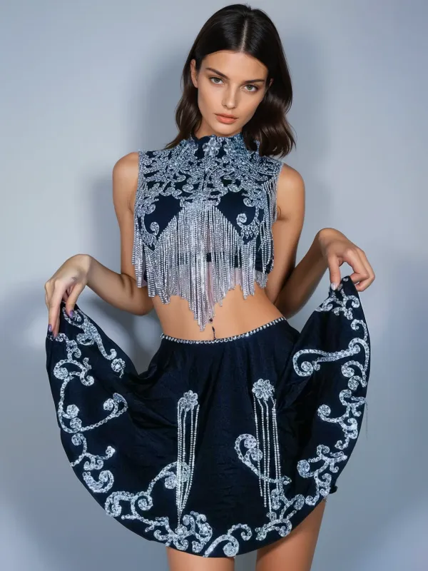 Vespha High Neck Rhinestone Skirt Set sold by Mew Mews