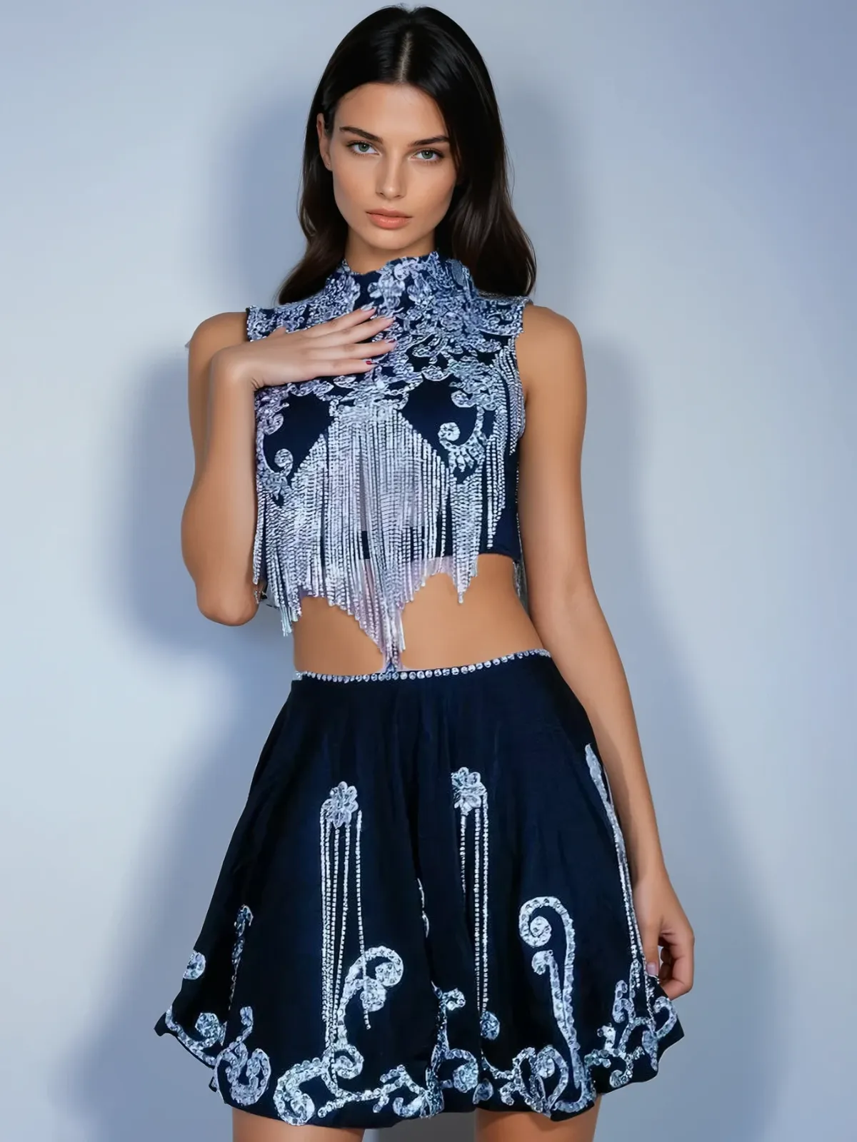 Vespha High Neck Rhinestone Skirt Set sold by Mew Mews product image thumbnail 3