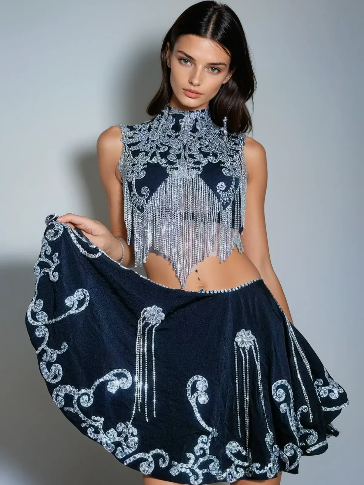 Vespha High Neck Rhinestone Skirt Set sold by Mew Mews product image thumbnail 4