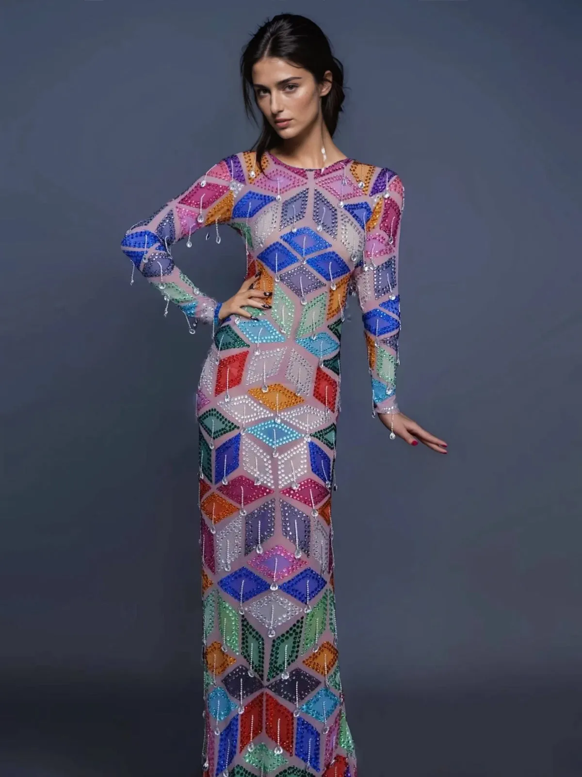 Krovix Long Sleeve Fringe Rhinestone Maxi Dress sold by Mew Mews product image thumbnail 2