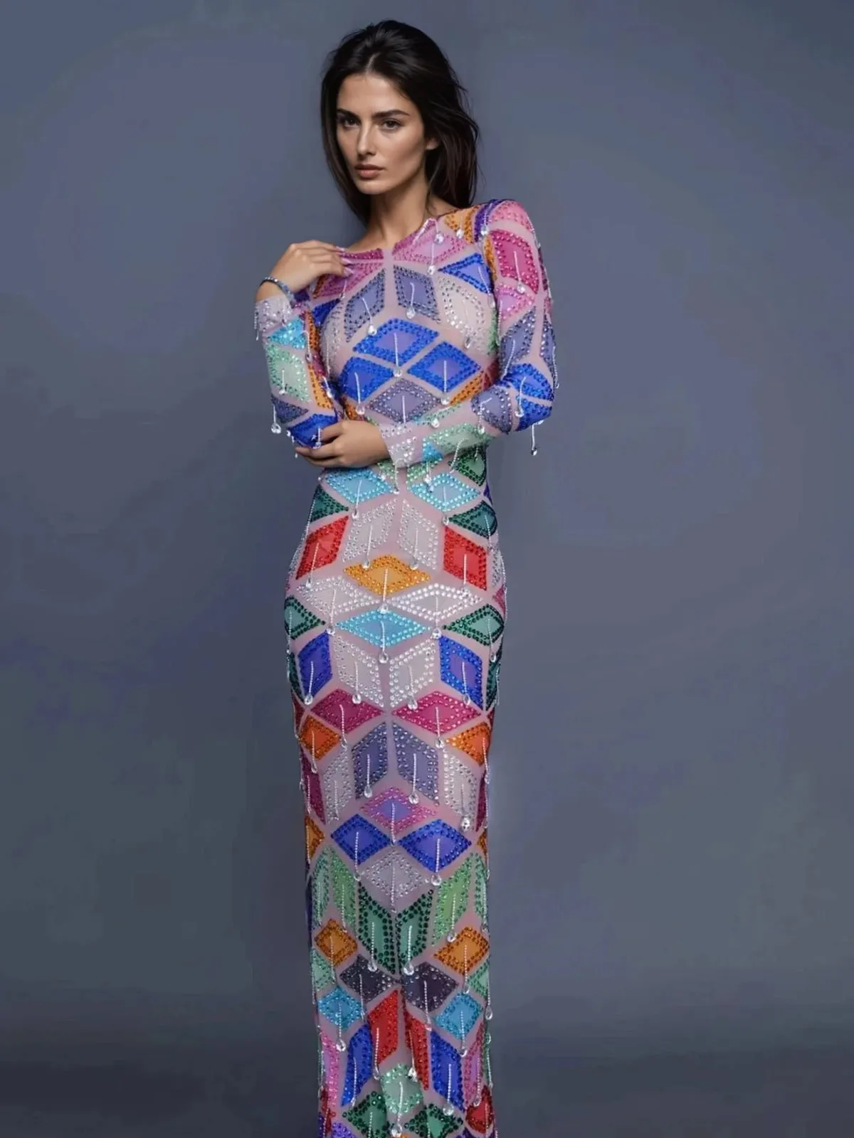 Krovix Long Sleeve Fringe Rhinestone Maxi Dress sold by Mew Mews