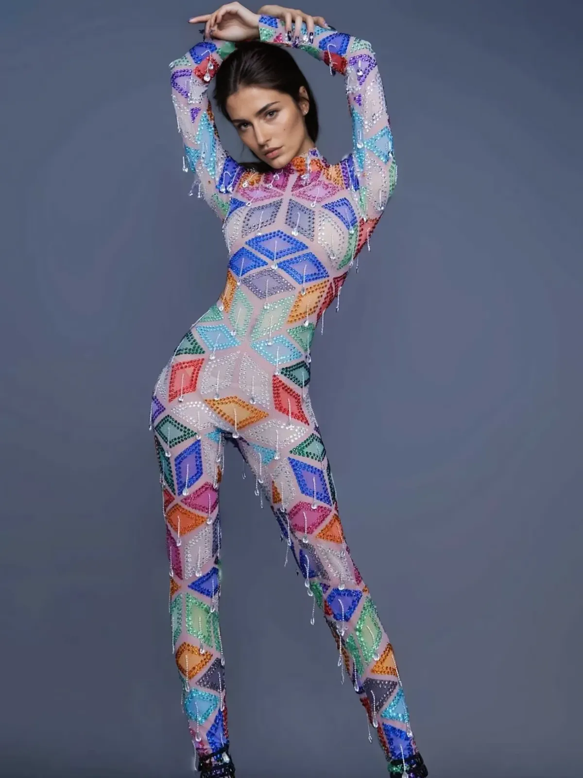 Krovix High Neck Fringe Rhinestone Jumpsuit sold by Mew Mews