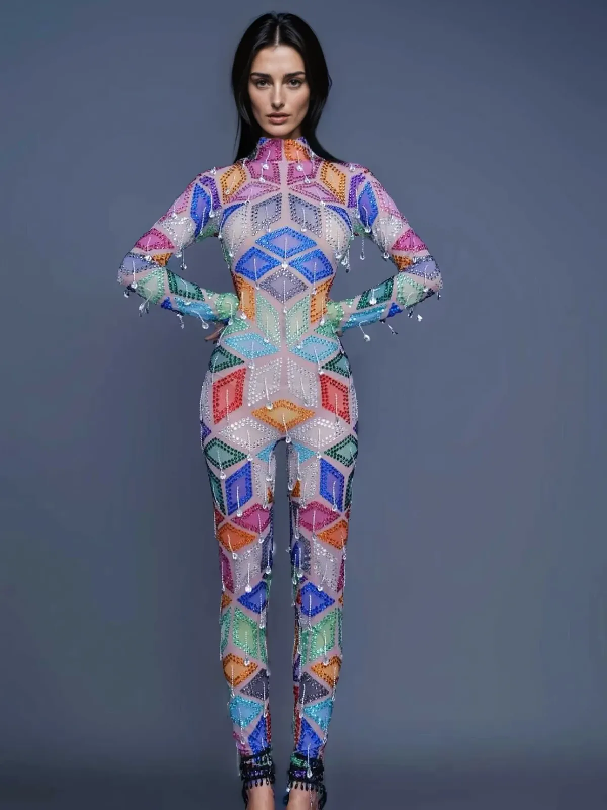 Krovix High Neck Fringe Rhinestone Jumpsuit sold by Mew Mews product image thumbnail 2