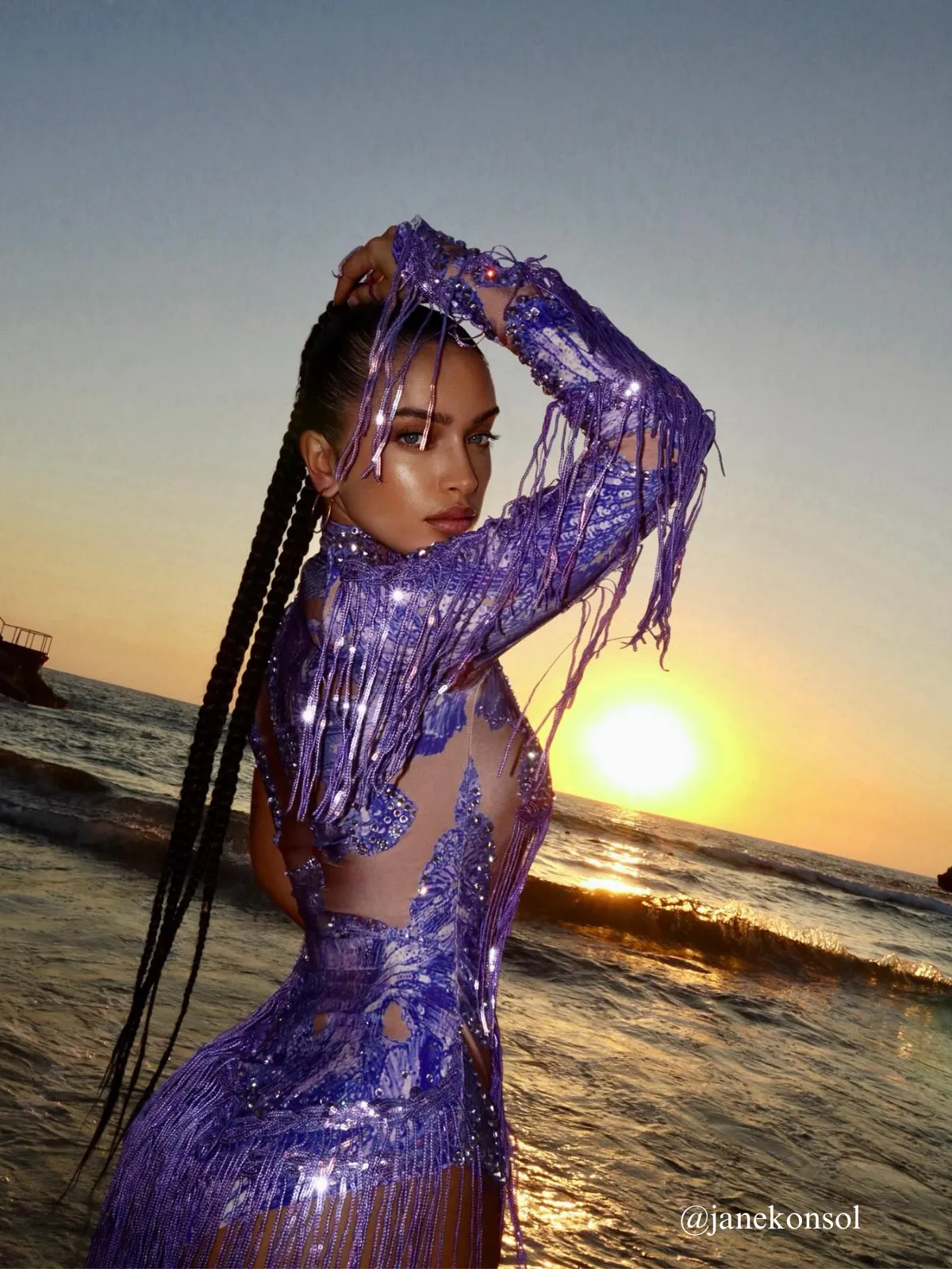 Shatora One Shoulder Rhinestone Fringe Bodysuit In Purple sold by Mew Mews product image thumbnail 5