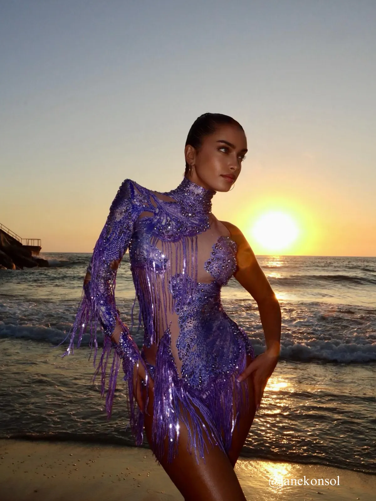 Shatora One Shoulder Rhinestone Fringe Bodysuit In Purple sold by Mew Mews